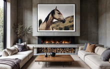 Load image into Gallery viewer, Contemporary fireplace setting with 'Horse Art' named 'Side Eye Susan 0212' displayed prominently, capturing the essence of elegance through a detailed horse image.