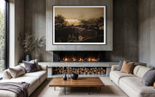 Load image into Gallery viewer, Chic fireplace area boasting Horse Art - Limited Edition 'Horse's Flock 0225', bringing warmth and elegance to the space with its stunning portrayal of a horse herd in soft lighting.