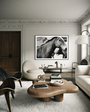 Load image into Gallery viewer, Stylish living room featuring 'Stammering Stallion' Horse Wall Art by Addison Jones Studio, beautifully showcased above a modern coffee table, enhancing the elegant decor.