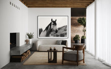 Load image into Gallery viewer, Elegant living room showcasing Horse Wall Art 'Perky Patrice 0213' by Addison Jones Studio, highlighting the serene presence of a horse against a backdrop of contemporary decor.