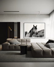 Load image into Gallery viewer, Stylish modern lounge exhibiting Horse Wall Art 'Perky Patrice 0213' by Addison Jones Studio, featuring a horse that represents calm and grace in interior design.