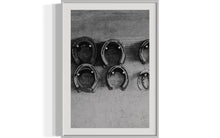 Load image into Gallery viewer, Limited Edition Western Art - Shoe Store 0217 Hand-Signed Artwork styled on a wall with a silver frame, highlighting the intricate details of horseshoes.