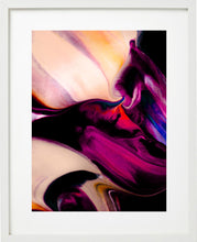 Load image into Gallery viewer, Framed 'Mingle V' abstract artwork by Addison Jones Studio, displaying graceful fluid patterns in shades of purple, orange, and cream against a black backdrop.