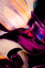 Load image into Gallery viewer, Close-up of 'Mingle V' abstract art by Addison Jones Studio showcasing vibrant swirls of purple, orange, and cream colors with fluid brushstrokes.