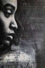 Load image into Gallery viewer, A close-up of a mixed media street art portrait that beautifully captures the profile of a woman, featuring intricate details and rich textures.