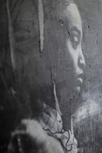 Load image into Gallery viewer, A striking angle of mixed media street art, focusing on the textured layers and the emotional expression captured in a woman’s profile.