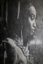 Load image into Gallery viewer, A sophisticated portrayal of mixed media street art, zooming in on the details of a woman's profile, showcasing unique textures.