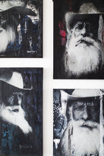 Load image into Gallery viewer, A captivating artwork display featuring four variations of a man’s portrait, using a mix of collage and paint. Titled 'Lost on the Range' by Addison Jones Studio, this art piece embodies street art and western art, currently available for sale.