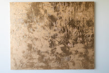 Load image into Gallery viewer, Magnificent view of the 'Let Go' contemporary art piece hanging on a wall, highlighting the unique gold texture and textual design.
