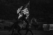 Load image into Gallery viewer, This horse art titled "Equestrian Cavalier" was taken at a Rodeo in Grand Lake, Colorado. This is a limited edition, hand-signed piece with a certificate of authenticity.
 E D I T I O N:
 1/25