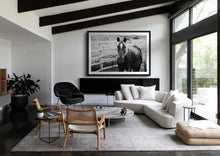 Load image into Gallery viewer, A stylish modern living room elegantly decorated with a large framed black and white photograph of a horse, showcasing the powerful beauty of horses. This art piece, crafted by Addison Jones Studio, adds depth and character to the space, making it a perfect addition for those who appreciate horse pictures.