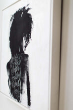 Load image into Gallery viewer, Full view of a modern art piece framed elegantly, capturing the silhouette of a woman adorned with contemporary graffiti art.