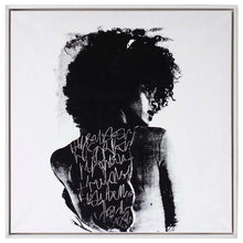 Load image into Gallery viewer, Bold modern art piece depicting a silhouette of a woman with curly hair, featuring abstract graffiti-style text on her back, showcasing contemporary artistic expression.
