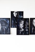Load image into Gallery viewer, Gallery wall featuring multiple street art portraits showcasing a dynamic blend of characters and textures in blue and black hues.