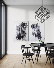 Load image into Gallery viewer, Black White Contemporary Art - What+When featuring two impactful artworks in a gallery-like space, illustrating artistry through bold strokes and modern themes.
