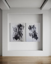 Load image into Gallery viewer, Black White Contemporary Art - What+When displayed in a contemporary room, with bright light illuminating the stunning contrast and dynamic elements of each art piece.

