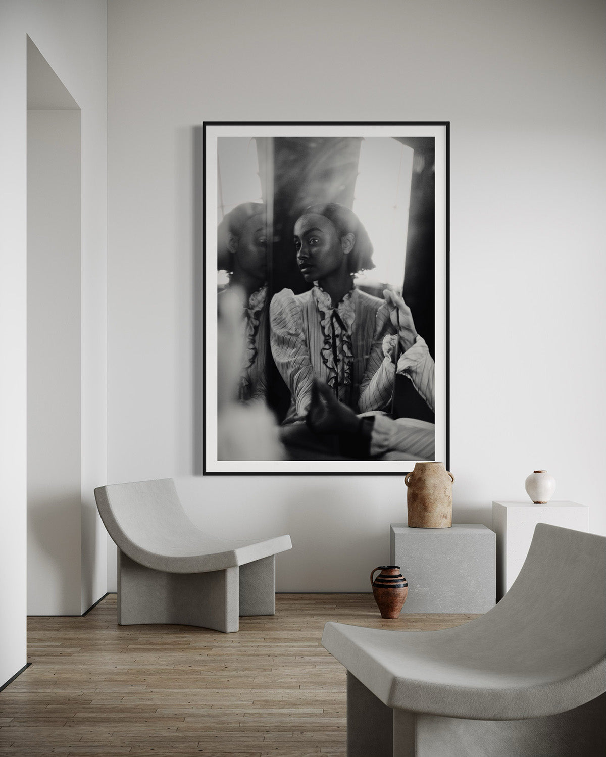 Fine Art Photography 'Echoing Heart' gracing the wall of a minimalist room, showcasing the transformative impact of limited edition photography on modern interiors.