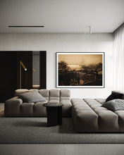 Load image into Gallery viewer, Stylish living room featuring Horse Art - Limited Edition &#39;Horse&#39;s Flock 0225&#39;, elegantly framed over a cozy sectional, perfect for adding a touch of nature to contemporary decor.
