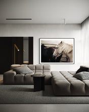 Load image into Gallery viewer, Modern interior adorned with the captivating horse picture &#39;Curious Carlisle 025&#39; from Addison Jones Studio. This artwork highlights the serene beauty of horses, creating a tranquil atmosphere.
