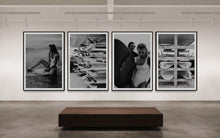 Load image into Gallery viewer, An art gallery scene showcasing multiple framed photographs, including &#39;Riding Tide,&#39; featuring a woman on a surfboard, enhancing the cultural and artistic vibe of the space.

