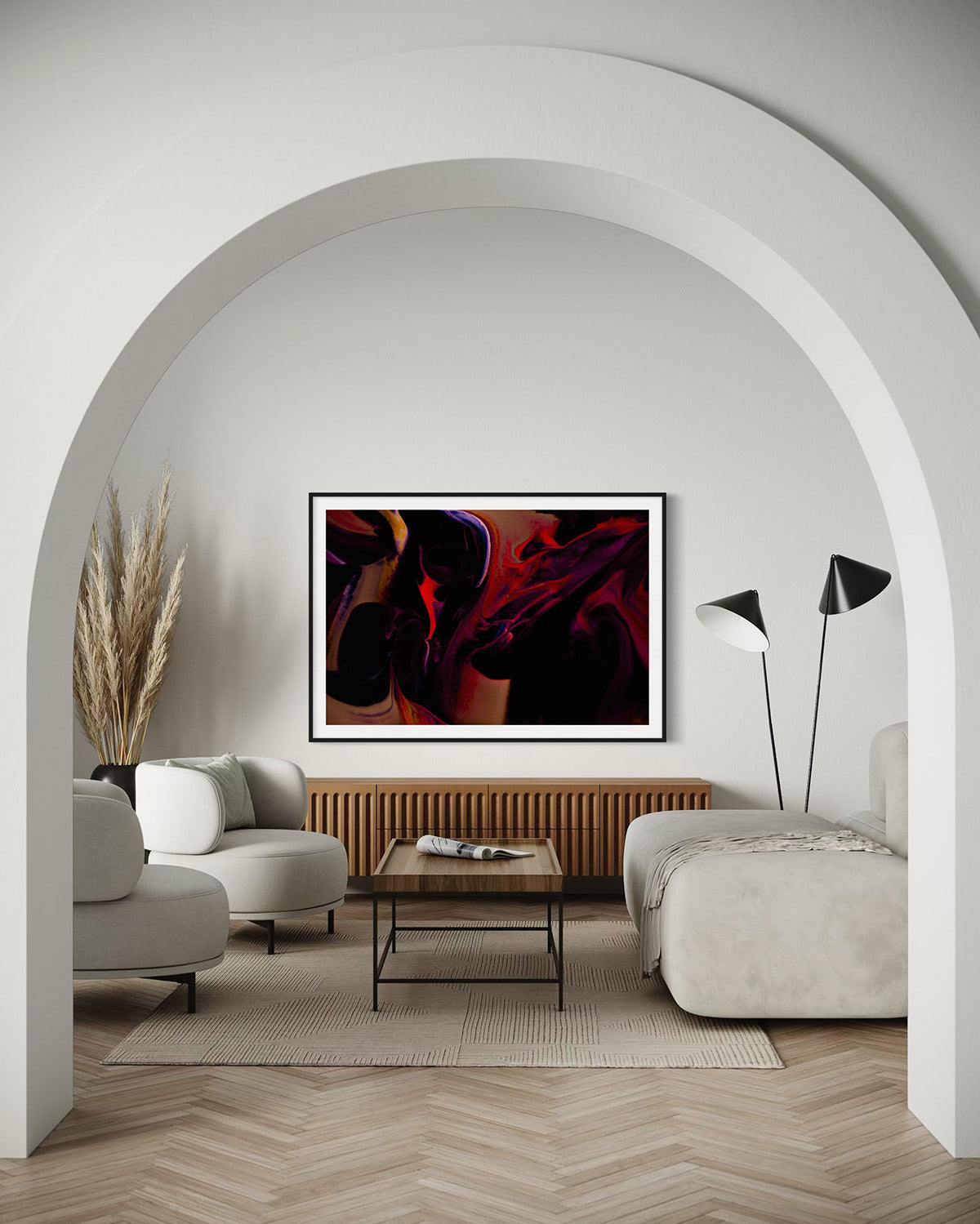 Lifestyle shot of Vibrant Abstract Art Print Mingle II by Addison Jones Studio in an elegant room setting. Limited edition hand-signed art.
