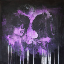 Load image into Gallery viewer, Street Art-Raining Purple

&quot;Raining Purple&quot; is original purple street art piece featuring original portrait photography. The piece features a shot of twins, Cortney and Bethyie, and acrylic and ink paints on canvas. This is a hand-signed piece with a certificate of authenticity.
