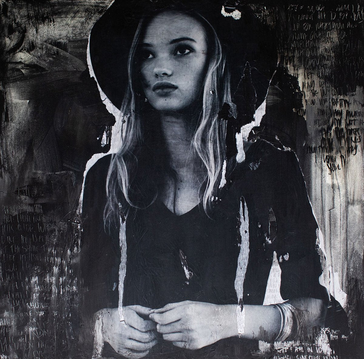 Street Art-Derby Hat For A Dark Day

“Derby Hat for a Dark Day” is a street art portrait painting featuring original portrait photography. It’s produced using collage-style on stretched canvas. This is a hand-signed piece with a certificate of authenticity.