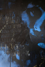 Load image into Gallery viewer, Street Art-A Face Between the Words

This a piece of street art titled &quot;A Face Between the Words&quot; features original portrait photography. It is a mixed media piece with portrait photograph under blue and accented with a gold oil stick. This is a hand-signed piece with a certificate of authenticity.
