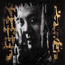 Load image into Gallery viewer, Street art-Mean Mug

“Mean Mug” is street art featuring Jones&#39; portrait photography taken from a shoot in an old building in Ohio in the middle of its reconstruction. This piece was turned into a a gold, street art portrait by using a collage-style layering technique. This is a hand-signed piece with a certificate of authenticity.
